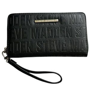 Steve Madden Logo Zip Around Wallet Wristlet Embossed Black Gold